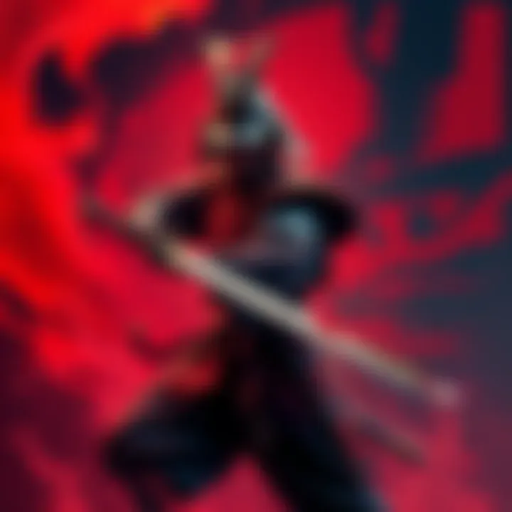 A fierce samurai preparing for battle with a sword, set against a dramatic background of swirling colors and traditional Japanese elements.