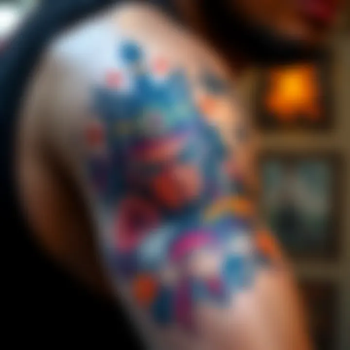 A detailed tattoo featuring characters from Samurai Champloo on someone's arm, showcasing vibrant colors and intricate designs.