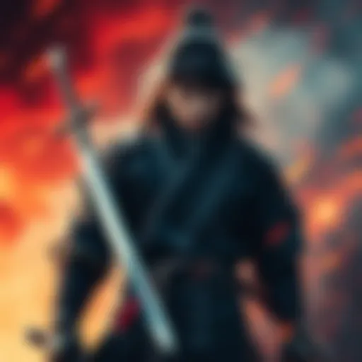 Himura Kenshin, a former assassin, stands confidently with his sword, embodying honor and peace