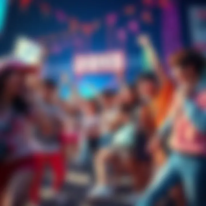 A vibrant scene showcasing a group of young people celebrating the 2015 Sanae trend, dressed in colorful outfits and engaged in joyful activities, evoking a sense of nostalgia.