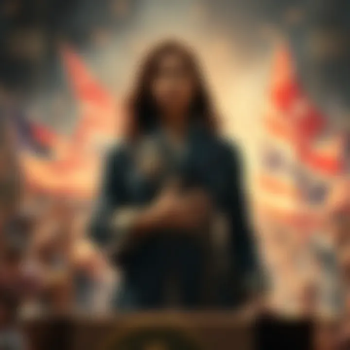 A confident figure, Sanae, stands at a podium, addressing a large crowd with banners opposing American independence in the background.