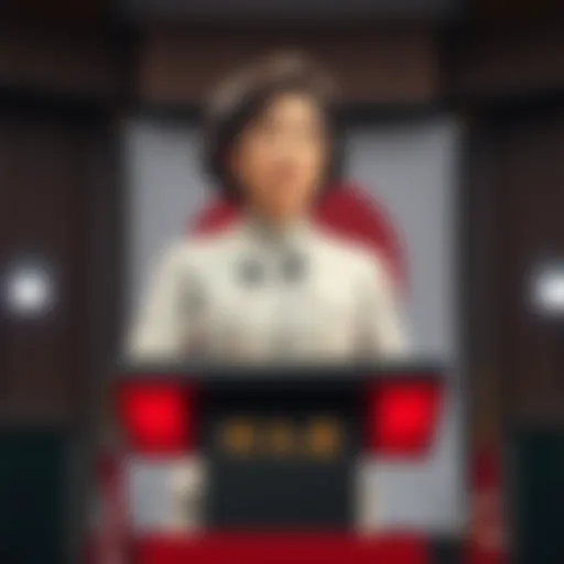 Sanae stands confidently at the podium during her inauguration as Japan's new Prime Minister, symbolizing change in leadership.