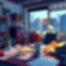 A cluttered office desk with papers and a coffee cup, hinting at a leak about the new chapter delay.