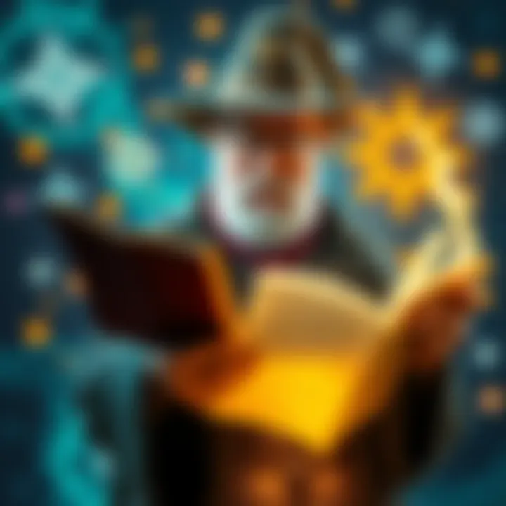 Sanest Sorcerer in Pop Culture A wise sorcerer with glasses, holding a spellbook, surrounded by magical symbols and glowing energy, reflecting modern takes on magic and sanity.