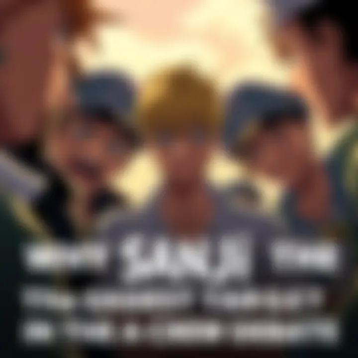 Sanji appears frustrated as he stands in the center surrounded by his crew, highlighting tension and discussions within the group dynamics