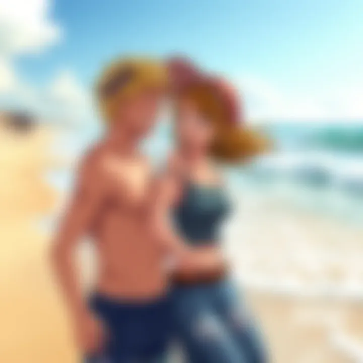 Sanji and Nami smile at each other on a sunny beach, showing their strong bond and chemistry, with waves gently crashing in the background.