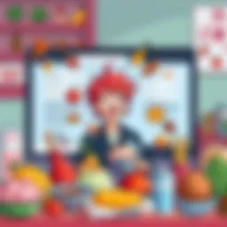 A humorous illustration showing Sanji surrounded by various food items and search queries on a computer screen, exploring his culinary interests and cravings.