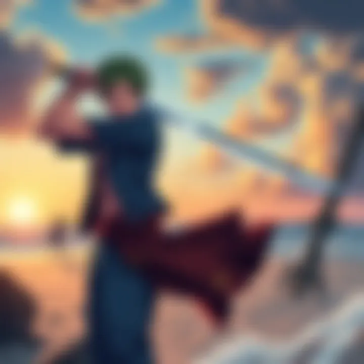 Sanji practicing sword techniques while surrounded by a serene beach setting