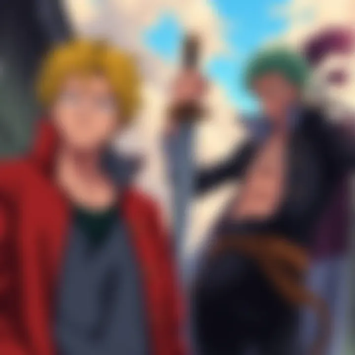 Sanji looks frustrated while Zoro stands confidently with a sword, representing the contrast in fan attitudes.