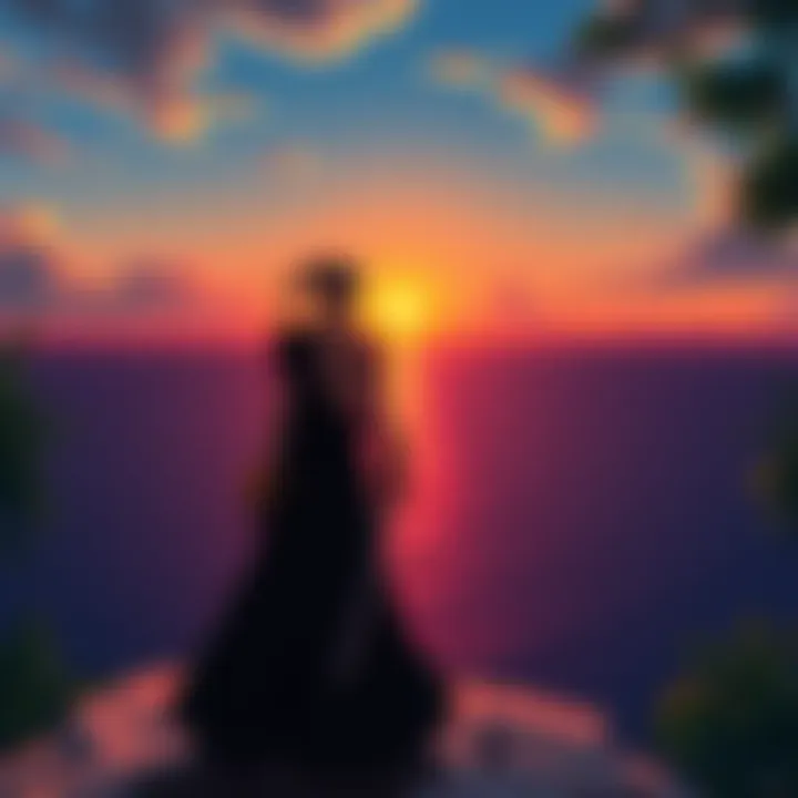 Sanji dressed similarly to Zoro, standing confidently with a sword in hand, overlooking a vast ocean landscape as the sun sets in the background.
