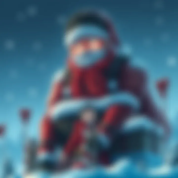 A giant Santa titan looming over a shocked Eren, with snowy surroundings and festive decorations in the background.