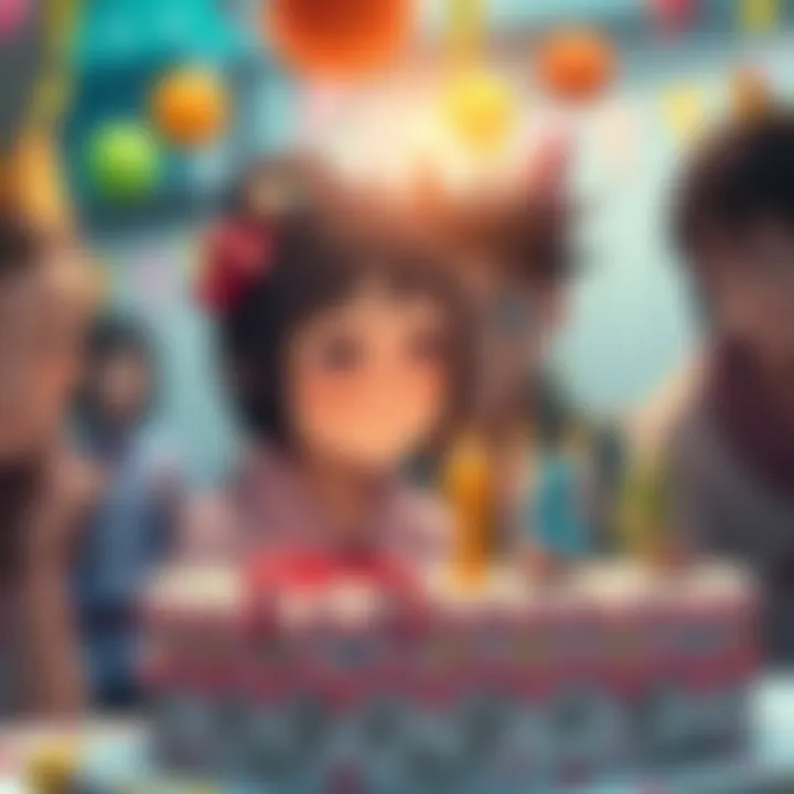 Sarada looks at a birthday cake with a sad expression, missing her father Sasuke at the celebration, surrounded by friends and colorful decorations.