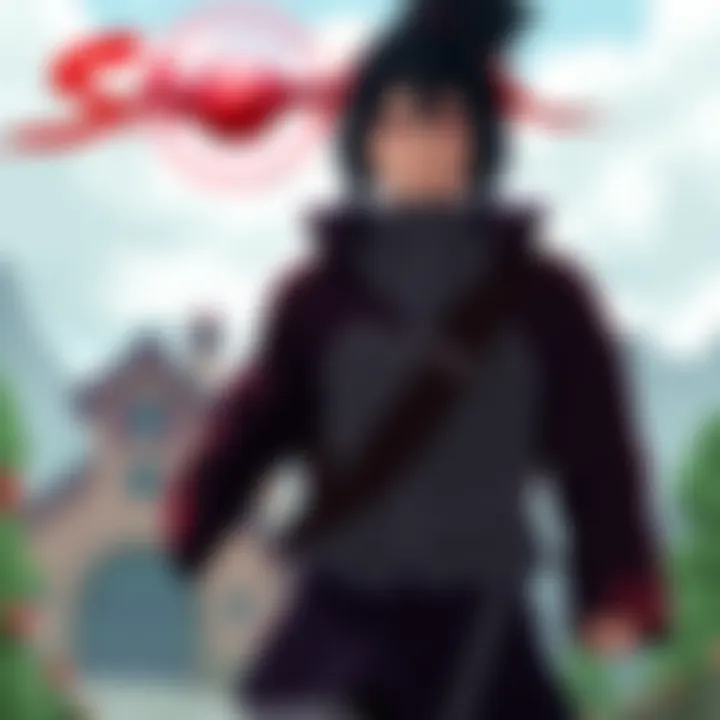 Sarada Uchiha standing confidently with her Sharingan activated, showcasing her ninja attire and determined expression. In the background, a blurred image of the Hidden Leaf Village hints at her home.