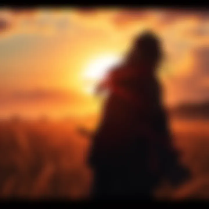 A dramatic scene showing Sasaki Kojiro, a samurai with long hair and a sword, standing in a field under a sunset, looking thoughtful.