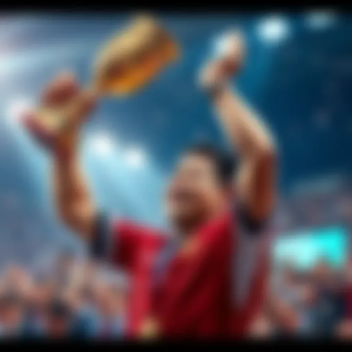 Sasaki raises a trophy in celebration after winning another match, with a focused expression on his face and cheering crowds in the background.