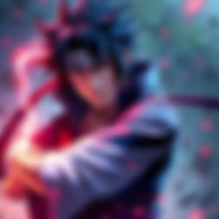 Sasuke Uchiha showing his left arm while preparing for battle, with a serious expression and energy surrounding him