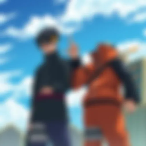 Sasuke stands beside Boruto, guiding him in training, with a bright blue sky in the background.