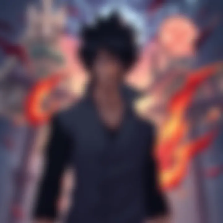 Sasuke stands with a serious expression, surrounded by symbols of conflict, representing his struggle with peace. He looks determined but conflicted, suggesting his resistance to tranquility.