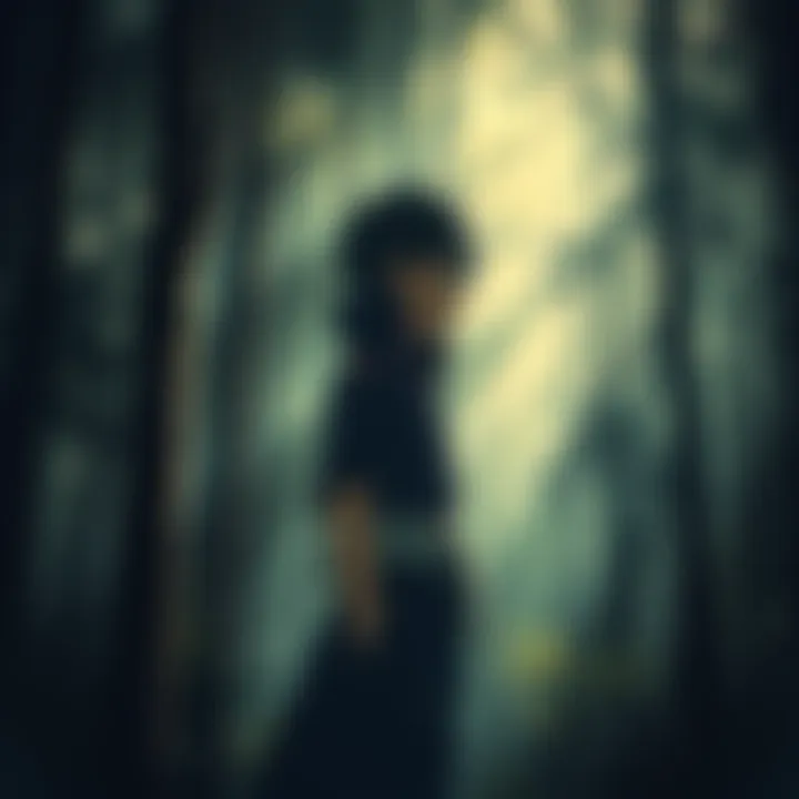 Sasuke stands in a forest, looking troubled as he contemplates his brother Itachi's past, with shadows and light contrasting around him.
