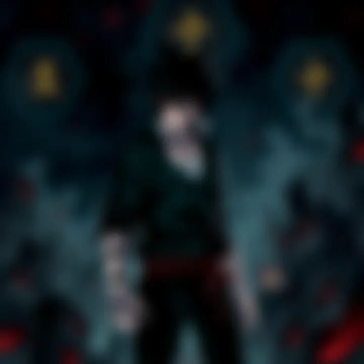 Sasuke stands fiercely in a shadowy environment, showcasing his serious expression and powerful stance, symbolizing his dark evolution in Shippuden.