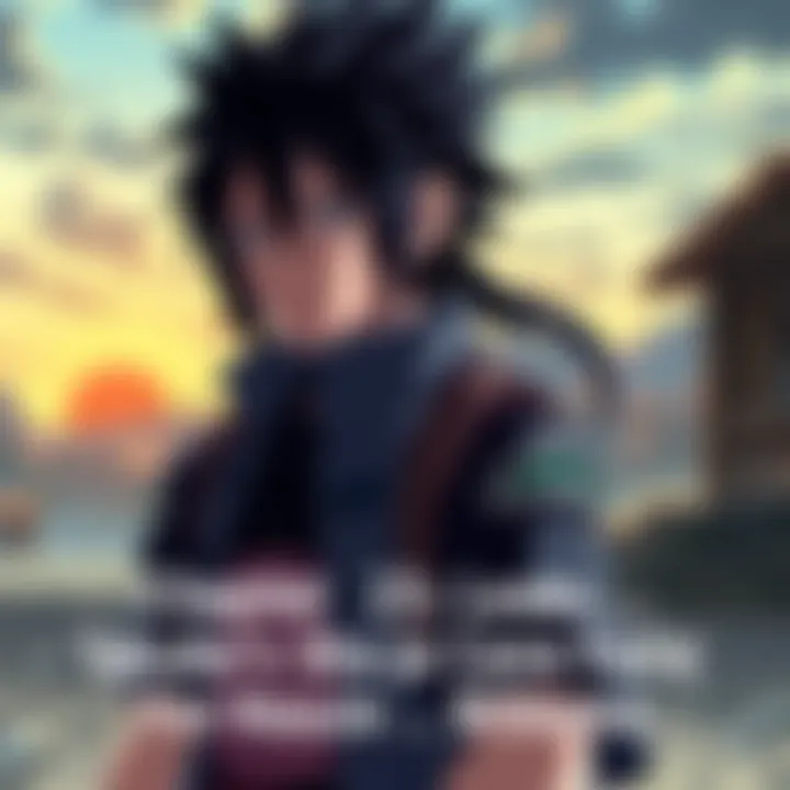 Sasuke stands with a serious expression, his arm and eye unchanged. Background shows a blurred landscape of the ninja village.