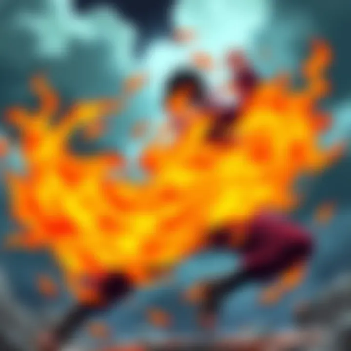 Sasuke Uchiha performs the Fireball Jutsu, surrounded by flames in a dynamic pose.