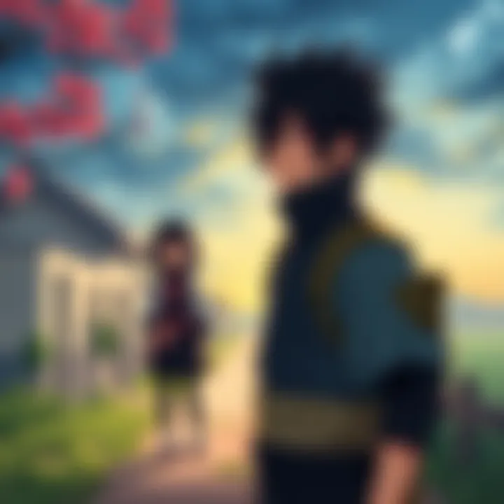 Sasuke stands beside his son, who is the same age as Himawari, in a peaceful village setting.