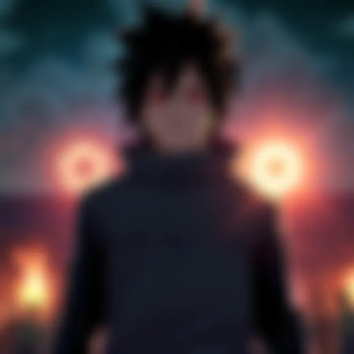 Sasuke Uchiha at the Kage Summit Sasuke Uchiha stands confidently during the Kage Summit, ready for battle with his Sharingan activated and a fierce expression.