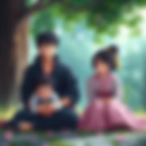 Sasuke and Sakura smiling together as they watch their twin children play in a peaceful setting