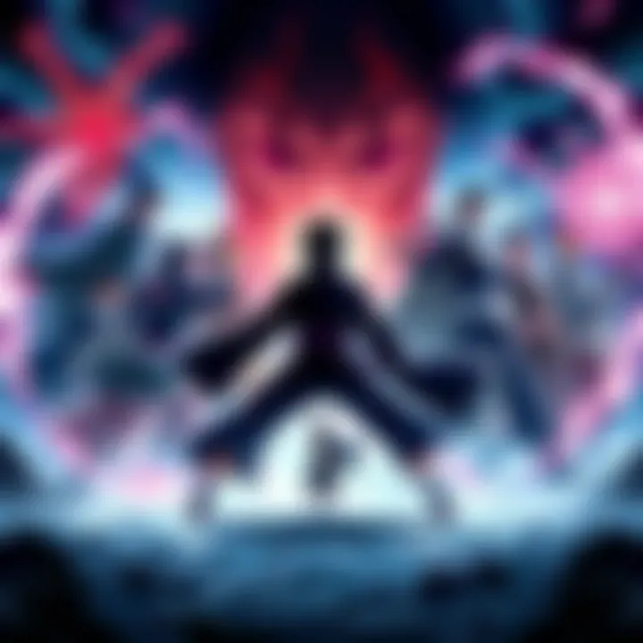 Sasuke confronts all ten members of the Akatsuki in an intense battle scene, showcasing his Sharingan and Rasengan against their diverse jutsu and abilities.