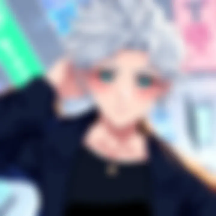 An illustration of Satoru Gojo showcasing his striking blue eyes and white hair, dressed in a fashionable black outfit with a confident pose, highlighting his charm and style.