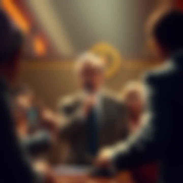 A courtroom scene featuring Saul Goodman, a clever lawyer, defending Adam and Eve, surrounded by a judge and curious onlookers.