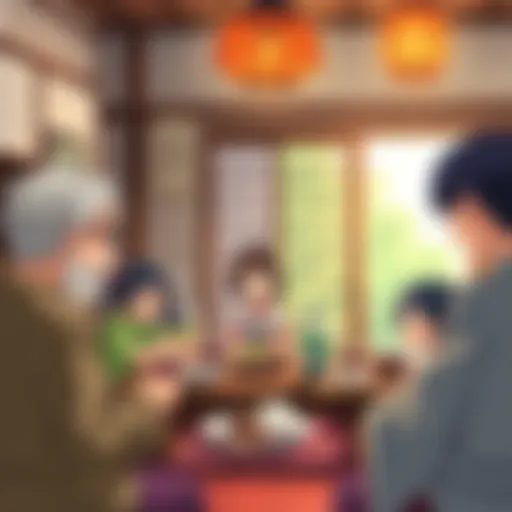 Sazae-san anime scene A scene from Sazae-san showing the main character, Sazae, in her traditional home, surrounded by family members, enjoying a meal together.