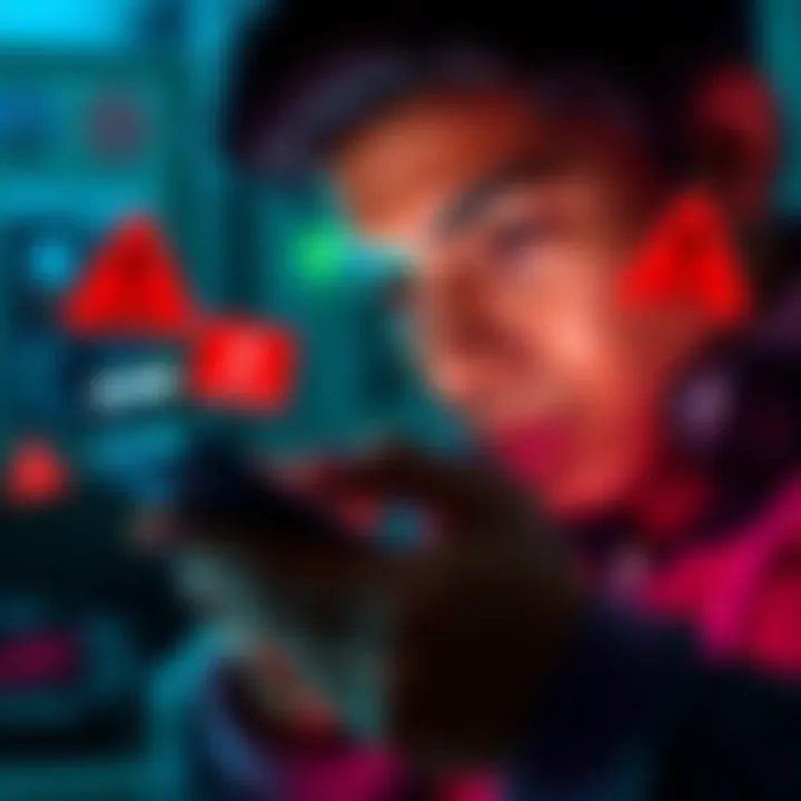 A person looking at a phone with suspicious messages and alert signs around them