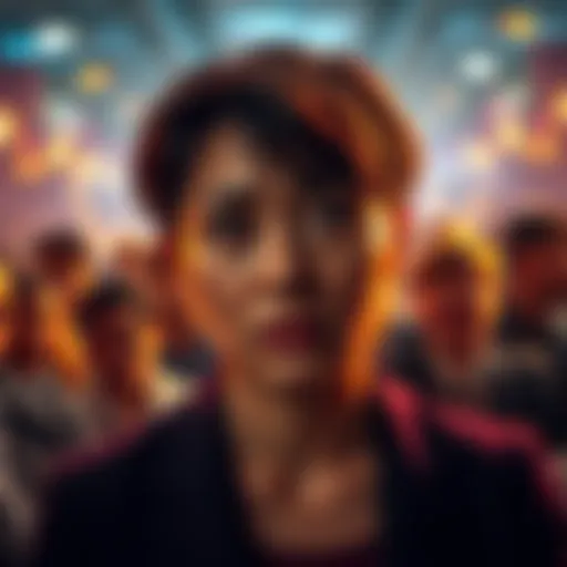 Scandal Accountability A woman looking worried with a crowd of people discussing around her, highlighting public scrutiny in a scandal.