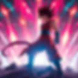 Scarlet Asager stands victorious over Goku in a dramatic battle scene, showcasing the aftermath of their fight with energy blasts in the background.