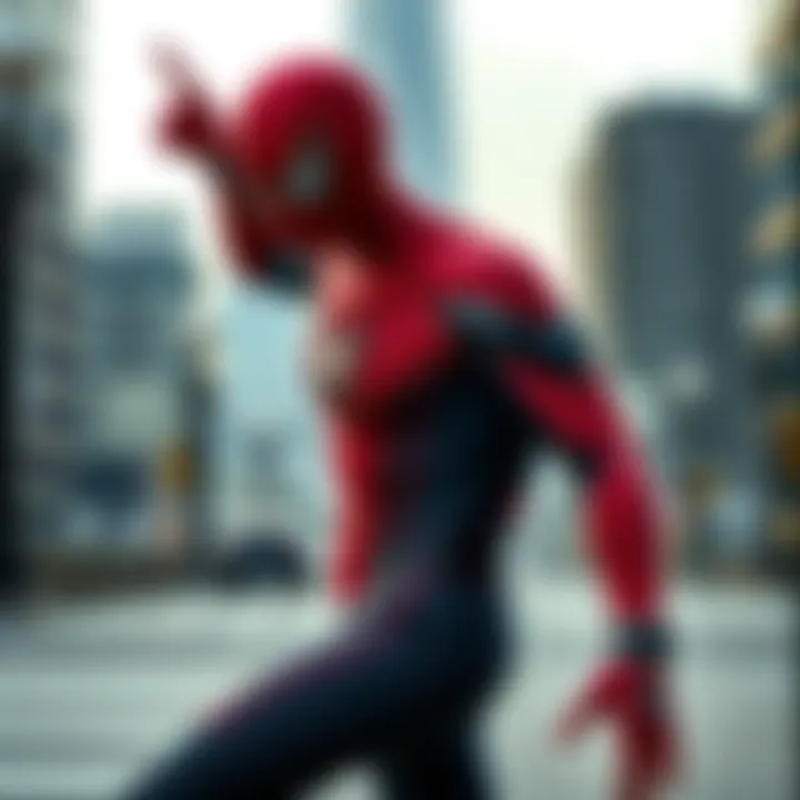 Scarlet Spider Cosplay A person dressed in a bright red and black Scarlet Spider costume with a spider symbol on the chest, posed in an action stance against a city backdrop.