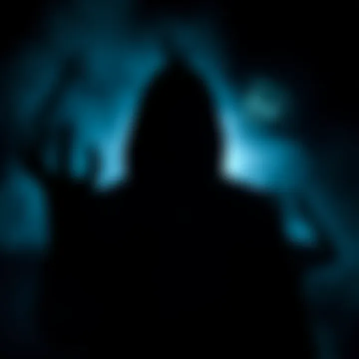 A dark silhouette of a figure with a haunting expression, surrounded by shadows and a misty background, evoking fear and curiosity.