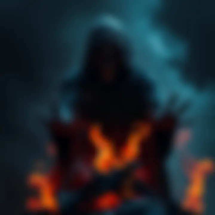 A dark, ghostly figure stands over a burning memory, with wisps of smoke emerging from its hands, symbolizing the destruction of thoughts and physical evidence.