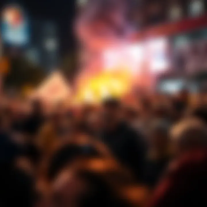 A concerned crowd gathers at the site of a tragic event, showing expressions of shock and worry.