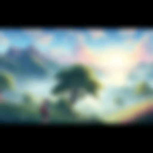 A peaceful and colorful anime scene showing a tranquil landscape with soft lighting and serene nature. Characters are observing the beauty around them.