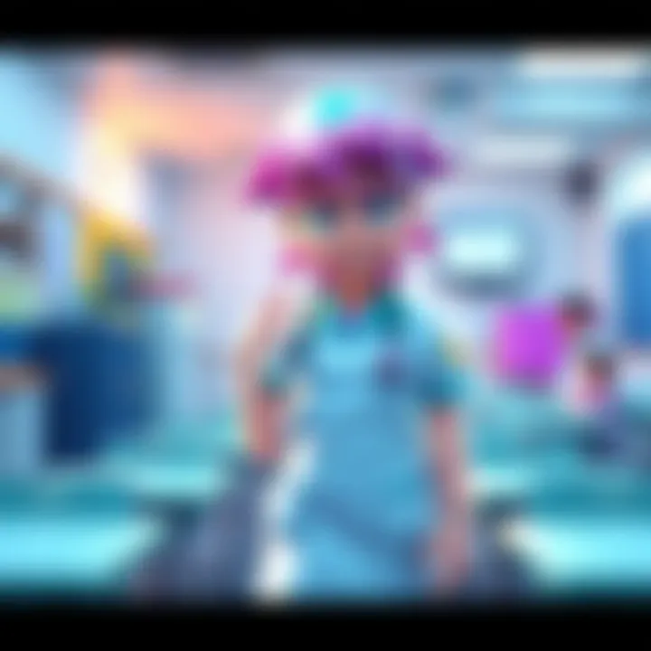 A character dressed as a school nurse stands in a classroom, ready to help students with health needs.