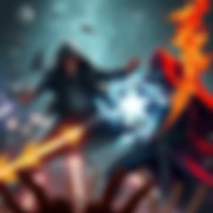A dramatic battle scene between a gun-wielding character and a sorcerer casting spells, surrounded by chaos and energy.