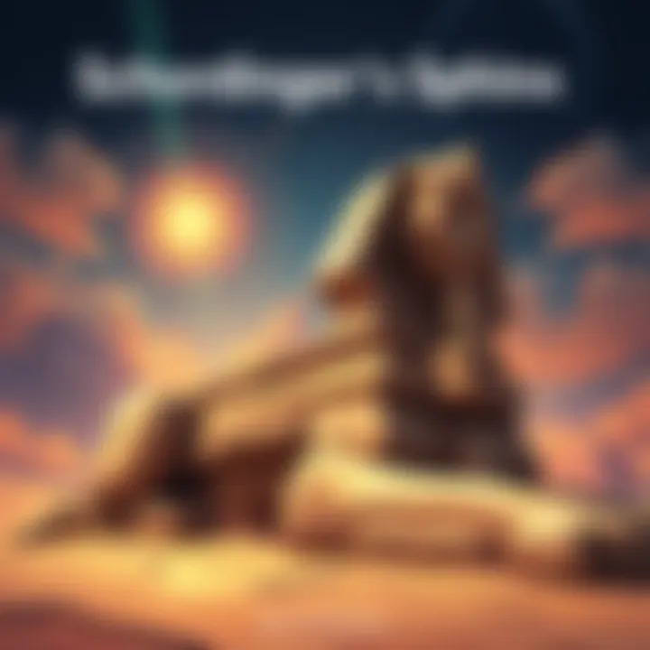 Illustration of Schordinger's Sphinx, combining elements of a sphinx and quantum ideas, representing complex philosophical themes.