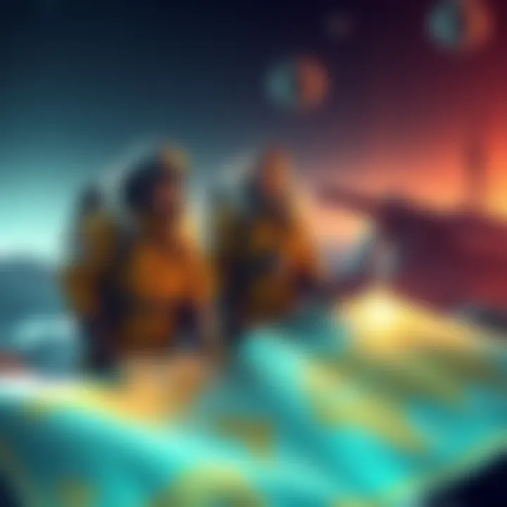 Sciel and Clair Obscur stand next to a large map, discussing their exploration plans during Expedition 33.