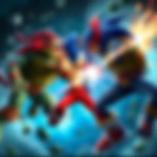 Scourge the Hedgehog and DBZ turtles engage in an intense fight, showcasing their powers and abilities.