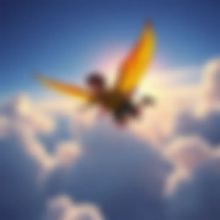 A Scout soaring through the clouds, showcasing the freedom of flight with a vibrant blue sky in the background.