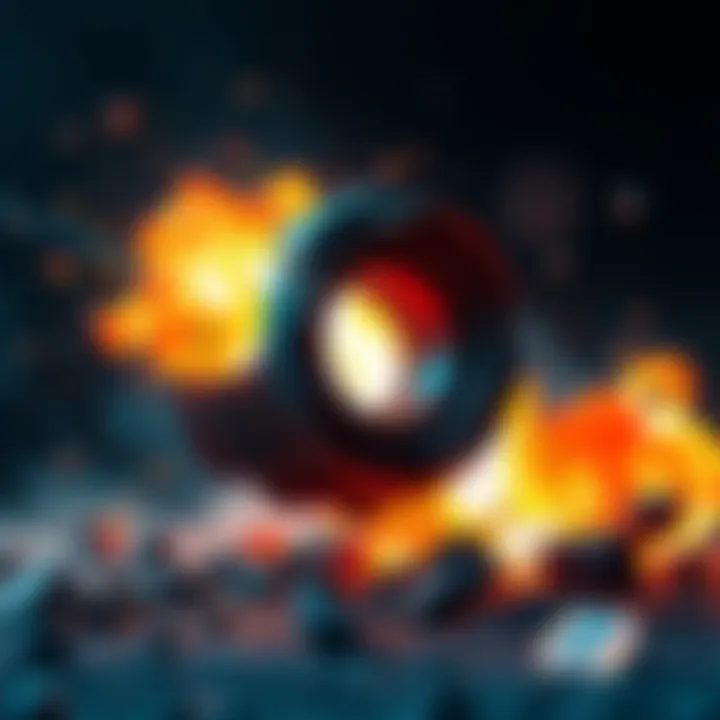 A futuristic scouter device exploding with bright light and debris around it, illustrating a dramatic failure in technology.