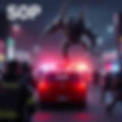 A chaotic scene as authorities respond to SCP-009's escape, with flashing lights and emergency personnel in action.