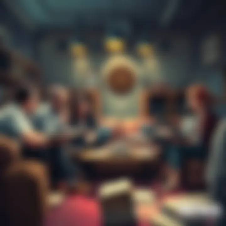 A group of fans discussing SCP lore in a cozy setting with books and notes around them.